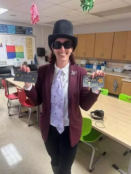Mrs. Connelly took her scavenger hunt stop to another level by dressing like Willy Wonka!
