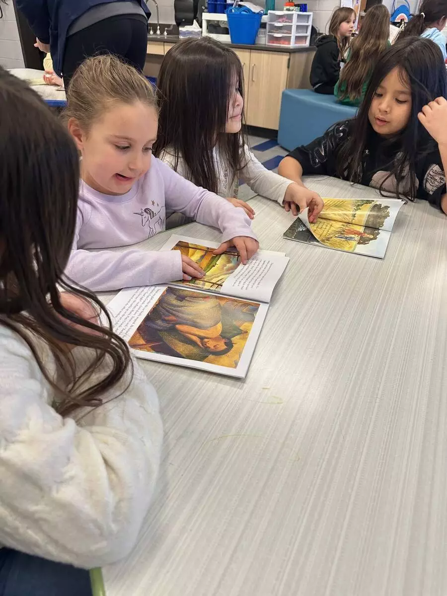 Kindergarteners read the illustrations as fourth graders read the words. 